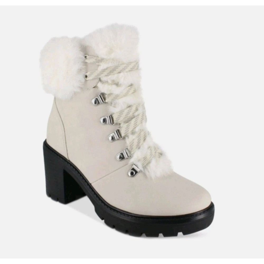 Esprit Ember‎ Lace Up Ankle Boots Womens 9 Cream Faux Fur Trim E19EMB20 Lug Sole